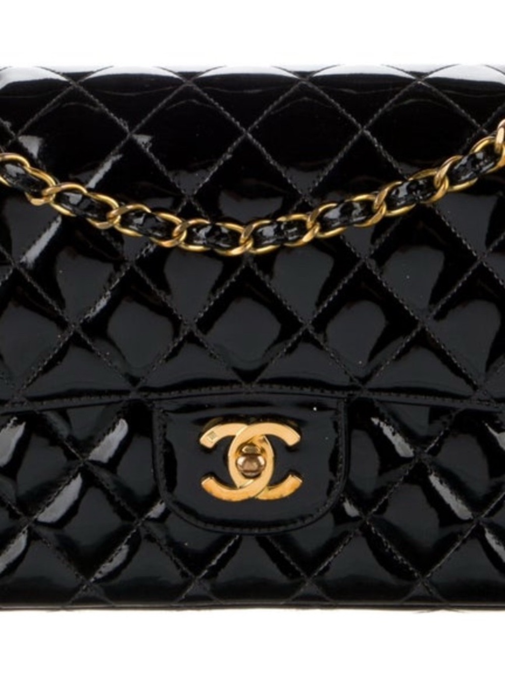 CHANEL Black Patent Quilted Double Flap Shoulder Bag with Gold Hardware